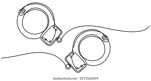 One line continuous drawing design of Handcuffs isolated on white background, Handcuffs in one continuous line drawing. Symbol of police justice and jail prison concept in simple linear style. True. 