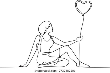 Uma linha de desenho contínuo de mulher alegre sentada olhando para cima segurando corda de balão de coração flutuante representando amor afeto romance esperança otimismo ou relacionamento alegria isolado em tela clara