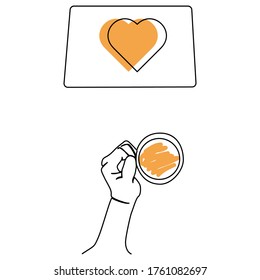 one line continuous drawing left hand holding a cup of coffee and a paper with love symbol