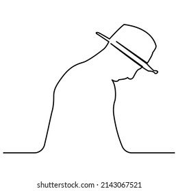 one line continuous drawing of man wearing hat looking down