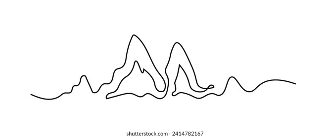 Una línea de dibujo continuo de la cordillera de montaña hermoso paisaje. Montaña de estilo lineal simple para el concepto de deportes de invierno sobre fondo blanco. Ilustración del vector del doodle pulsación editable eps 10.