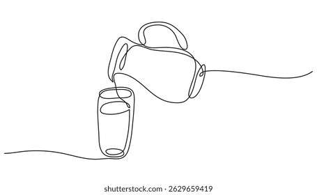 One line continuous drawing of pitcher with lemonade or juice or drink and glass. Liquid is poured from a tilted jar into glassful. Banner with copy space and editable stroke milk design