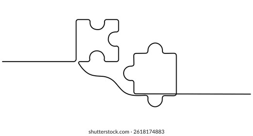One line continuous drawing puzzle game jigsaw design vector. One line Conundrum icon vector background. Team work icon. Puzzle design continuous one line art drawing of vector illustration.