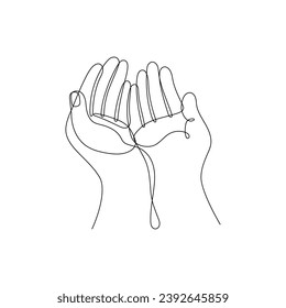 One Line Continuous Drawing of Raising Hands for Dua Pray. Islamic Traditional Prayer Gesture Line Art. Editable Stroke.