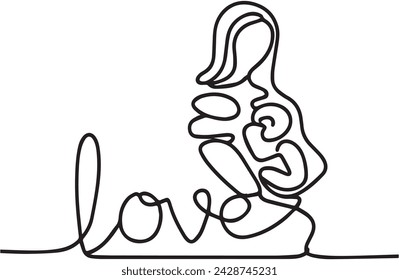 One Line continuous drawing of text love and a Mother holding a baby
