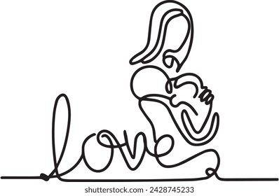 One Line continuous drawing of text love and a Mother holding a baby
