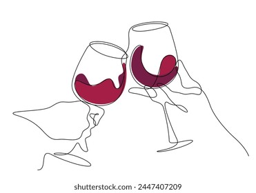 one line continuous drawing of wine glass celebratory toast cheers pose together hand drawn vector illustration