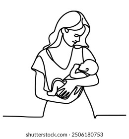 one line continuous drawing woman hold her baby vector illustration template design