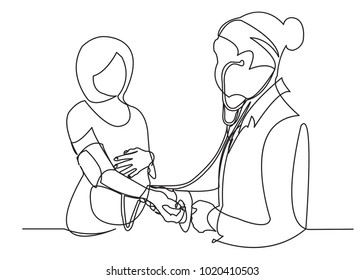 one line continuous drawn pregnant woman family at a doctor's reception painted by hand silhouette picture. Line art. character woman at a doctor's appointment, couple at a doctor's reception
