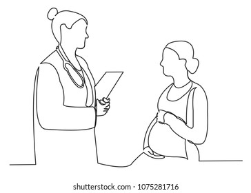 one line continuous drawn pregnant woman family at a doctor's reception painted by hand silhouette picture. Line art. character woman at a doctor's appointment, couple at a doctor's reception