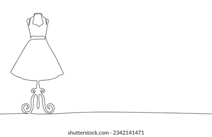 One line continuous dress on a mannequin. Line art of fashion concept banner. Outline vector illustration.