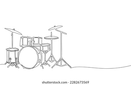 One line continuous drum kit, drum set, trap set, drums line art illustration.