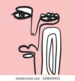 One line continuous line face. Cubism face in abstract style. Design for modern poster, contemporary wall art decor, print for cloth. 