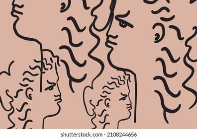 One line continuous line face. Cubism face in abstract style. Design for modern poster, contemporary wall art decor, print for cloth. 