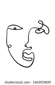 One line continuous face drawing. Black and white linear portrait human face in modern minimalism style. Simple contemporary art. 
