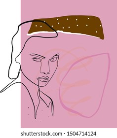 One line continuous face of a model girl. Contemporary drawing in modern cubism style. Portrait of a woman isolated on colorful pastel textures with shapes.
