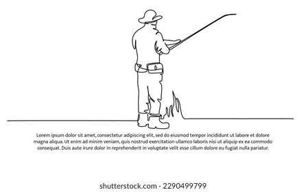 One line continuous of fishing man. Fishing on the river. Minimalist style vector illustration in white background.