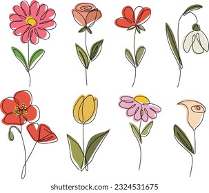 One line continuous of flower set, single line drawing art, floral illustration set, botanical flowers isolated, simple art design, abstract line, vector 