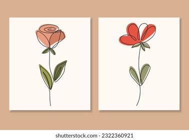 One line continuous of flower, single line drawing art, floral illustration, botanical flower isolated, simple art design, abstract line, vector for frame, fashion design, web images, packaging