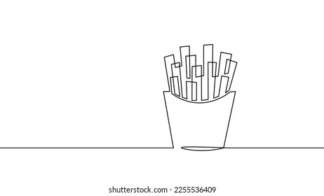 One line continuous french fries symbol concept. Silhouette of fast food restaurant finger snacks fries potatoes. Digital white single line sketch drawing vector illustration