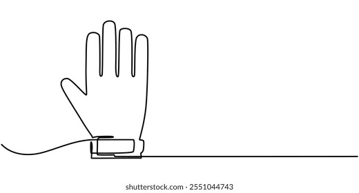 Una línea de guantes continuos. Concepto de Anuncio de ropa de arte de línea. Dibujado a mano, Ilustración vectorial de contorno, línea continua única de dibujo Guantes de portero. Guantes de protección para porteros. Porteros de fútbol