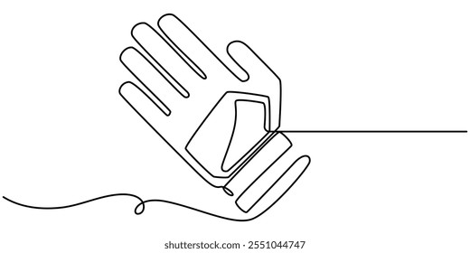 Una línea de guantes continuos. Concepto de Anuncio de ropa de arte de línea. Dibujado a mano, Ilustración vectorial de contorno, línea continua única de dibujo Guantes de portero. Guantes de protección para porteros. Porteros de fútbol