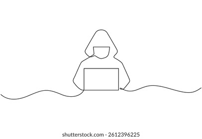 One line continuous hacker cyber security symbol concept, One line continuous cyber security hacker symbol. Silhouette of online financial security thief. vector illustration.