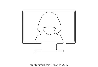One line continuous hacker cyber security symbol concept. Silhouette online bank thief finance safety technology icon, One line continuous cyber security hacker symbol. Silhouette of online financial.