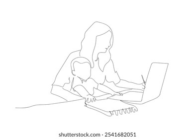  One line continuous hand drawing homework stress mother vector. family child, parent computer, laptop mom office, busy tired quarantine home work stress mother character. Hand made vector not AI.