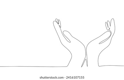 One line continuous hands. Line art open palms isolated on white background. Hand drawn vector art.