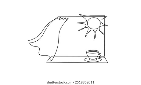 One line continuous holiday morning window view concept. Silhouette travel hotel dream voyage sea scenery from house. Digital white coffee cup breakfast sunrise line sketch drawing vector illustration