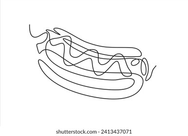One line continuous hot dog fast food symbol concept. Silhouette of buns with sausage and mustard unhealthy snack. Digital white single line sketch drawing vector illustration