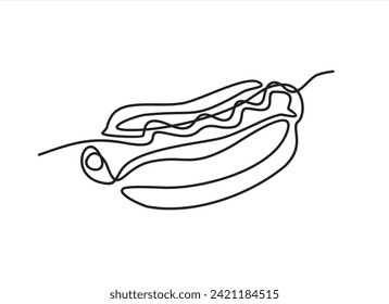 One line continuous hot dog fast food symbol concept. Silhouette of buns with sausage and mustard unhealthy snack. Digital white single line sketch drawing vector illustration