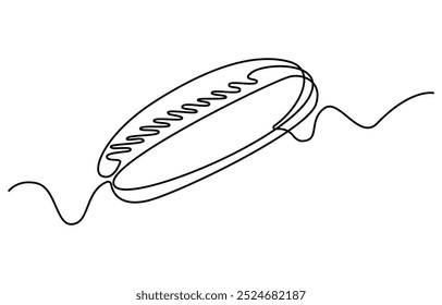 One line continuous hot dog fast food symbol concept. Silhouette of buns with sausage and mustard unhealthy snack. Digital white single line sketch drawing vector illustration