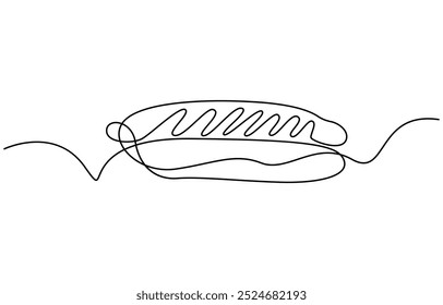 One line continuous hot dog fast food symbol concept. Silhouette of buns with sausage and mustard unhealthy snack. Digital white single line sketch drawing vector illustration
