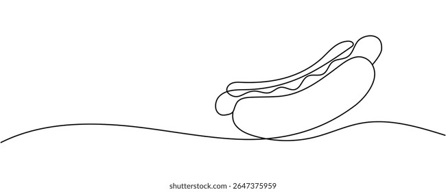 One line continuous hot dog fast food symbol concept. Silhouette of buns with sausage and mustard unhealthy snack. Editable stroke