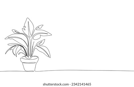 One line continuous house plant. Line art of plant in pot concept banner. Outline vector illustration.