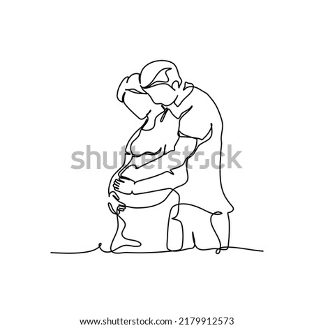 One line continuous of a husband love hugs his pregnant wife. Minimalist style vector illustration in white background.