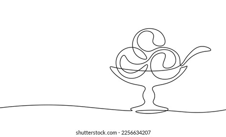 One line continuous ice-cream in a bowl symbol concept. Silhouette of dessert cafe restaurant snack. Digital white single line sketch drawing vector illustration