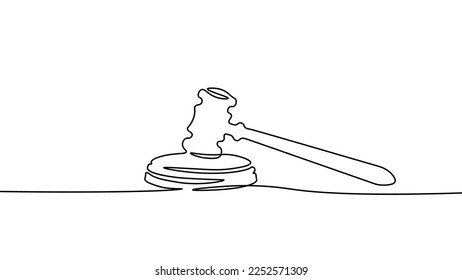 One line continuous judgment lawyer hammer symbol concept. Crime punishment verdict justice system government. Digital mallet legal decision single line sketch drawing vector illustration