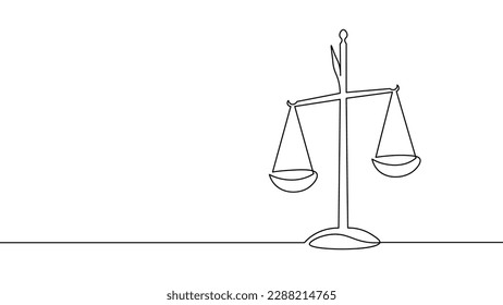 One line continuous judgment lawyer scale symbol concept. Crime punishment verdict justice system government. Digital justice legal decision single line sketch drawing vector illustration