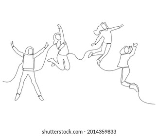 one line continuous jumping girls. concept of lifestyle, joyful mood, funny kids, flying teenagers, cheerful freedom-loving students. simple design, black linear sign isolated on white background