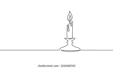 One line continuous lightning candle symbol concept  Silhouette burning memorial ceremony church tradition  Digital white single line sketch drawing vector illustration
