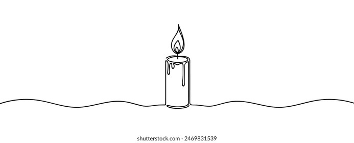 One line continuous lightning candle symbol concept. Silhouette of burning memorial ceremony church tradition. Digital white single line sketch drawing vector illustration