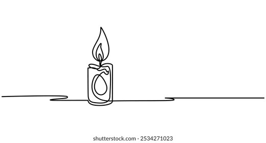 One line continuous lightning candle symbol concept. Silhouette of burning memorial ceremony church tradition. Digital white single line sketch drawing vector illustration, Candles line art