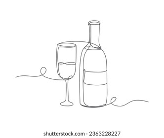 One line continuous linear champagne wine glass and bottle, new year celebration vector illustration on white background.