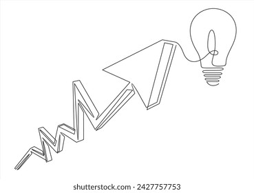 one line or continuous lineart a light bulb and raise arrow chart.Continuous one line.	