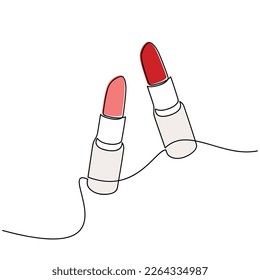 One line continuous lipstick icons set. Vector drawing. Hand drawn linear silhouette illustration. Minimal design, make up print, cosmetic banner, card, poster, brochure, beauty logo.