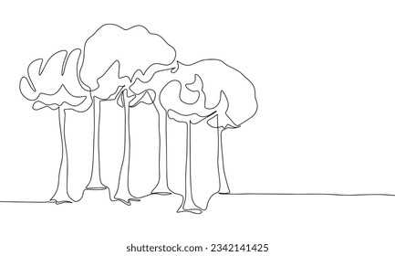 Pequeño bosque continuo de una línea. Banner de concepto de línea de arte de hojas. Ilustración del vector de contorno.