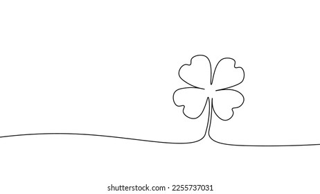 One line continuous lucky four leaves clover symbol concept. Silhouette of St Patrick's Day good luck tradition. Digital white single line sketch drawing vector illustration